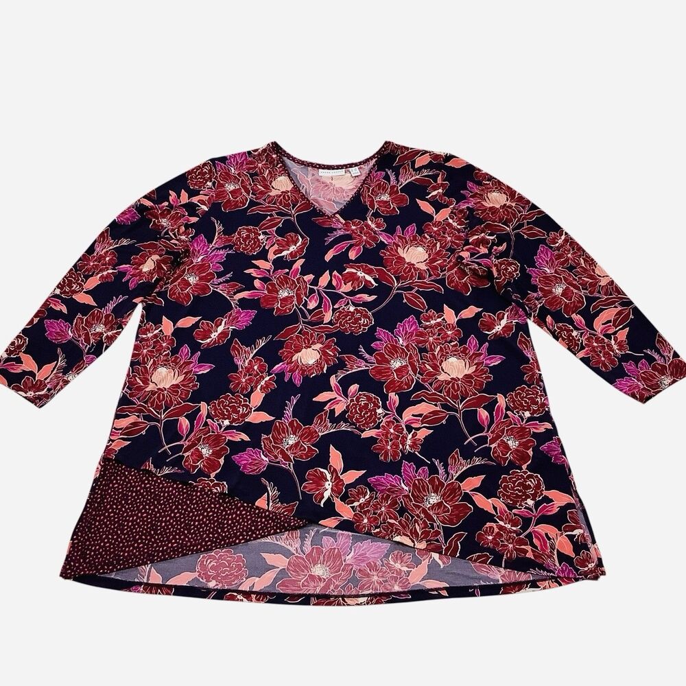 Susan Graver Liquid Knit Tunic Top 3X Floral V-Neck Asymmetrical Hem 3/4 Sleeve